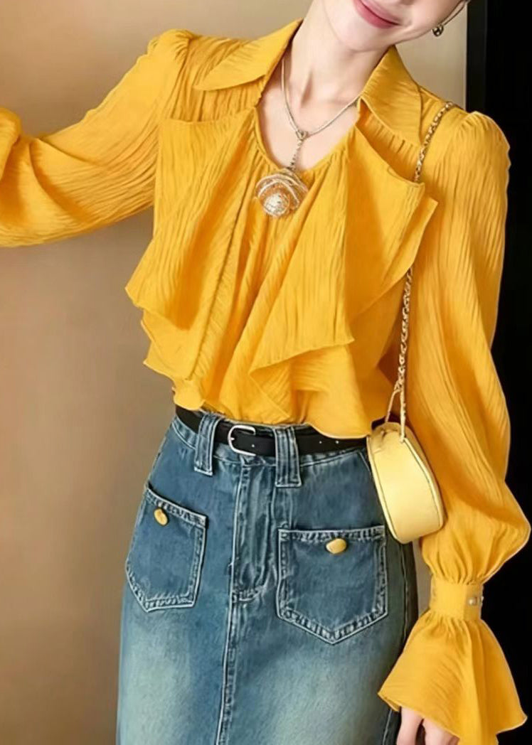 Women Yellow V Neck Ruffled Blouse Tops Flare Sleeve