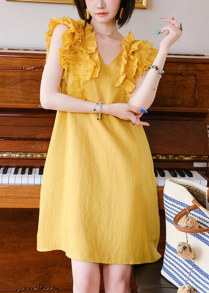 Women Yellow V Neck Ruffled Tulle Patchwork Mid Dress Sleeveless