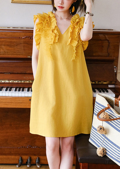 Women Yellow V Neck Ruffled Tulle Patchwork Mid Dress Sleeveless