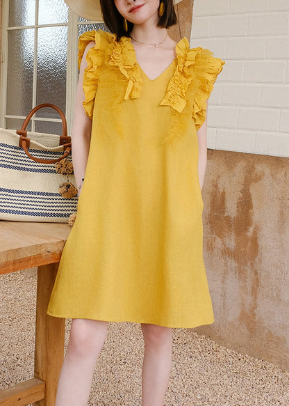 Women Yellow V Neck Ruffled Tulle Patchwork Mid Dress Sleeveless