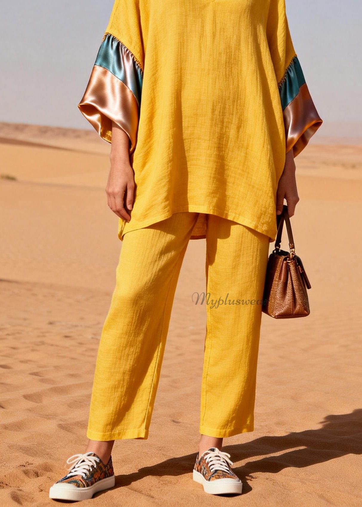 Women Yellow V Neck Silk Patchwork Linen Two Piece Set Summer