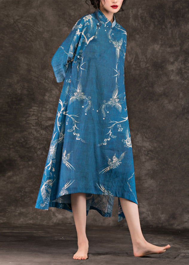 Women asymmetric Half sleeve linen dress Vintage Work Outfits blue print loose Dress Summer