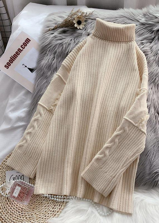 Women beige Sweater Wardrobes Refashion wild tunic high neck sweater - SooLinen