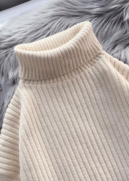 Women beige Sweater Wardrobes Refashion wild tunic high neck sweater - SooLinen