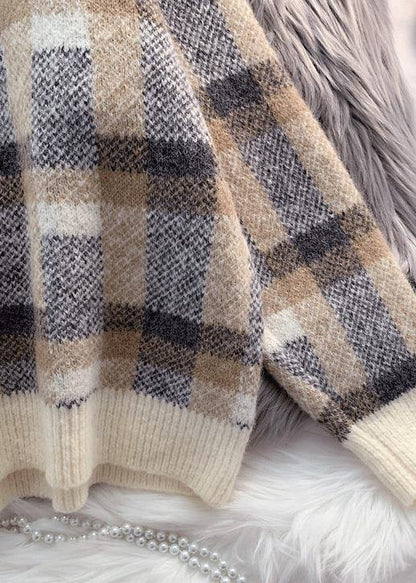 Women beige crane tops warm plus size plaid knit sweat tops - SooLinen