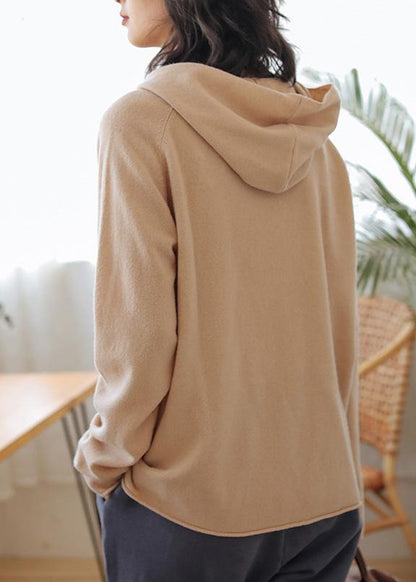 Women beige knit tops fall fashion hooded baggy knitted top - SooLinen