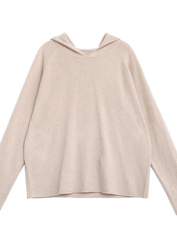 Women beige knit tops fall fashion hooded baggy knitted top - SooLinen