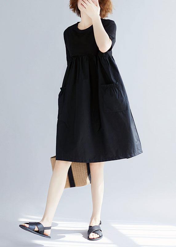 Women black Cotton blended o neck pockets loose summer Dresses - SooLinen