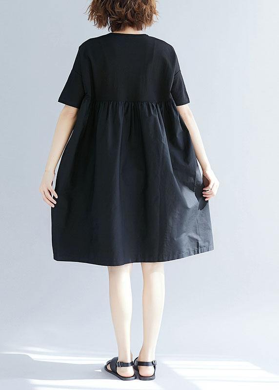 Women black Cotton blended o neck pockets loose summer Dresses - SooLinen