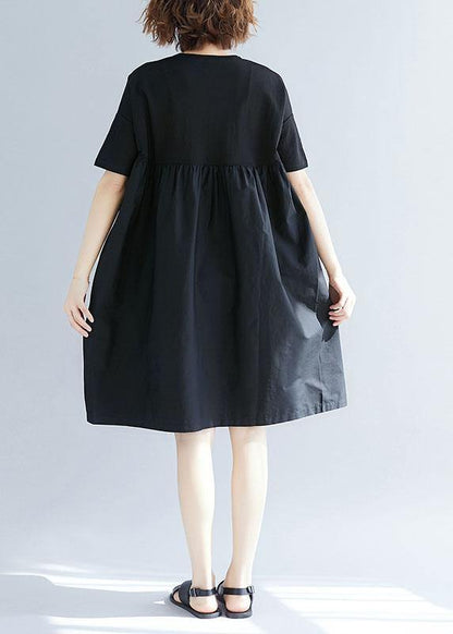 Women black Cotton blended o neck pockets loose summer Dresses - SooLinen