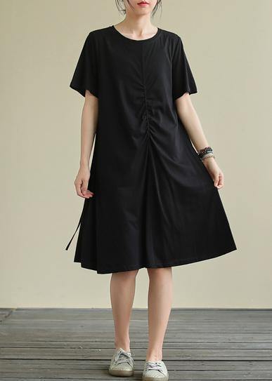 Women black Cotton clothes o neck Cinched oversized summer Dresses - SooLinen