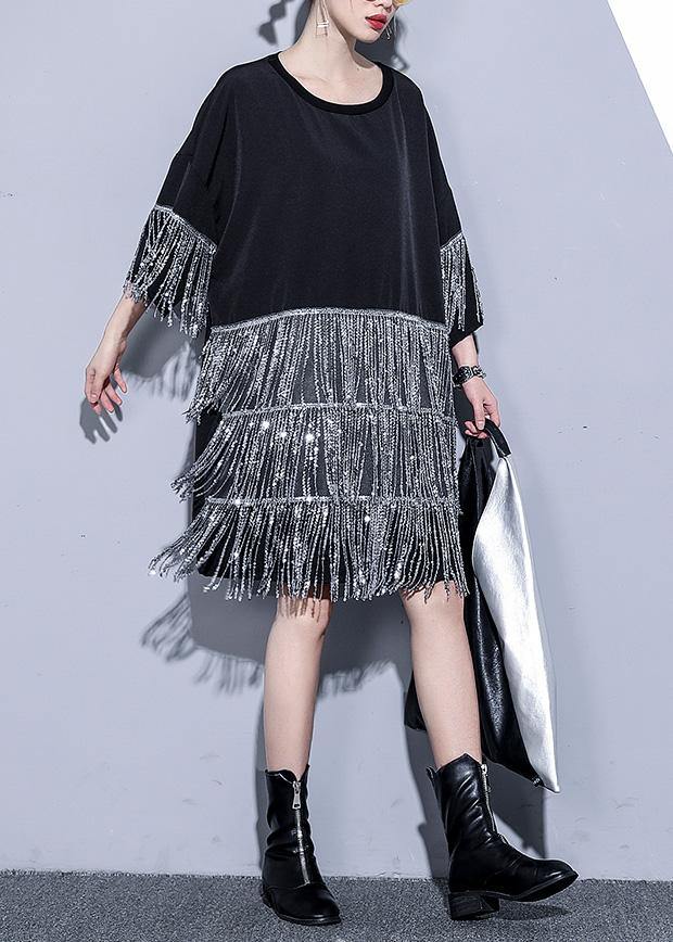 Women black Cotton dress o neck tassel summer Dresses - SooLinen