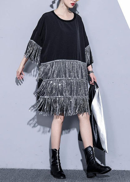 Women black Cotton dress o neck tassel summer Dresses - SooLinen