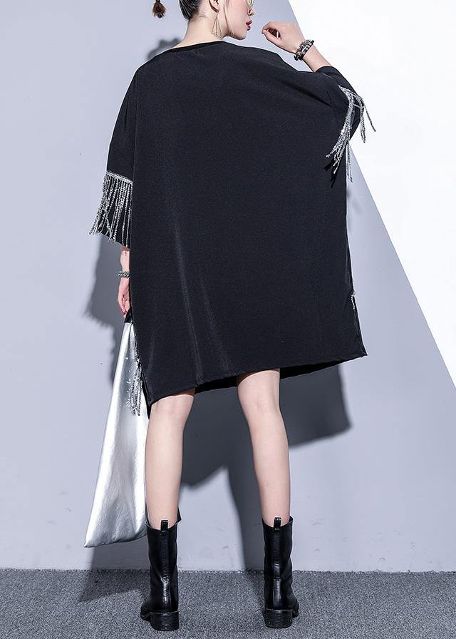 Women black Cotton dress o neck tassel summer Dresses - SooLinen