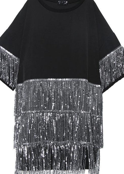 Women black Cotton dress o neck tassel summer Dresses - SooLinen