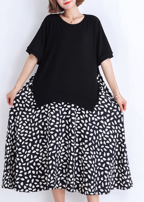 Women black Cotton tunic dress Casual pattern patchwork false two pieces oversized Summer Dresses
