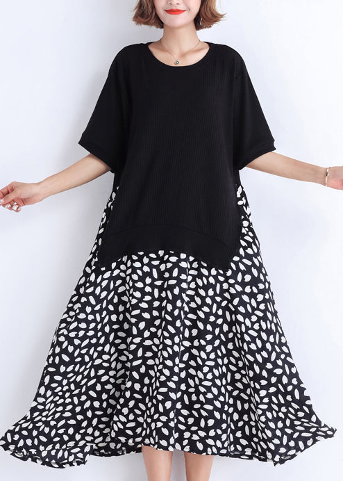 Women black Cotton tunic dress Casual pattern patchwork false two pieces oversized Summer Dresses