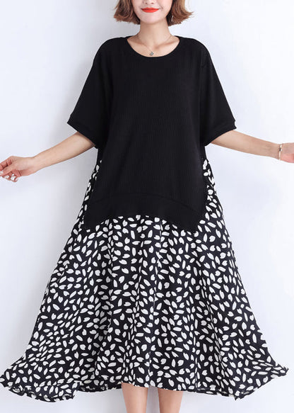 Women black Cotton tunic dress Casual pattern patchwork false two pieces oversized Summer Dresses
