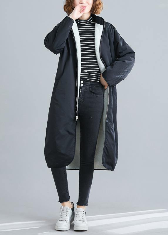 Women black Plus Size casual coats Fabrics zippered patchwork outwears - SooLinen