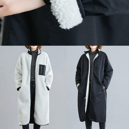 Women black Plus Size casual coats Fabrics zippered patchwork outwears - SooLinen