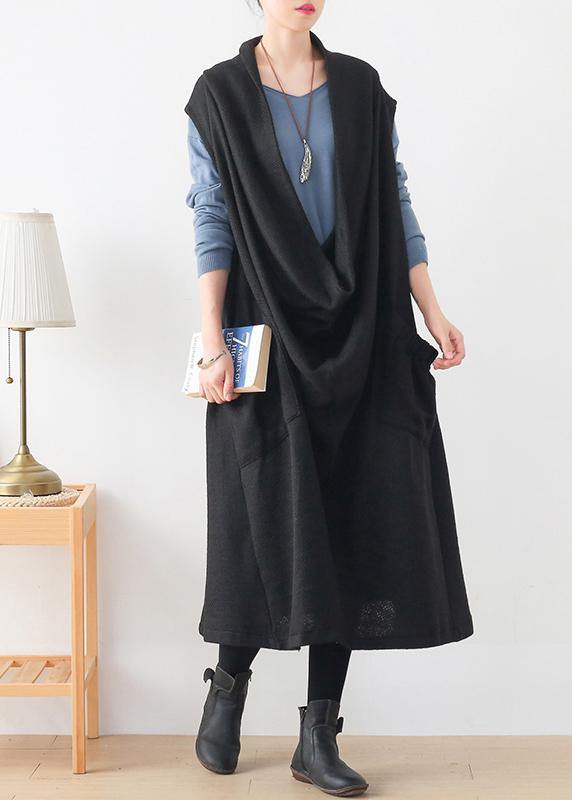 Women black Sweater dress outfit plus size o neck asymmetric Art knitwear - SooLinen