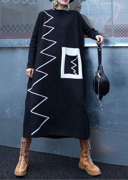 Women black Sweater dresses DIY patchwork color Ugly fall knitwear - SooLinen