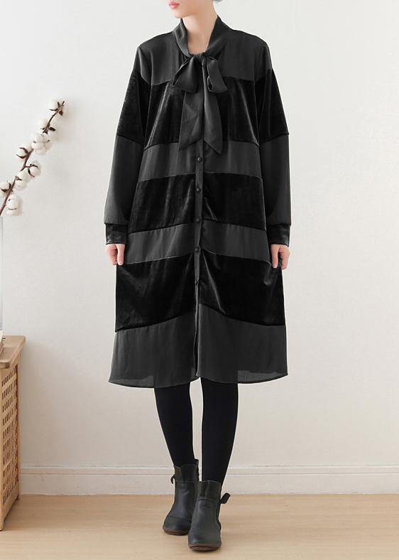 Women black Tunics o neck patchwork robes fall Dresses - SooLinen