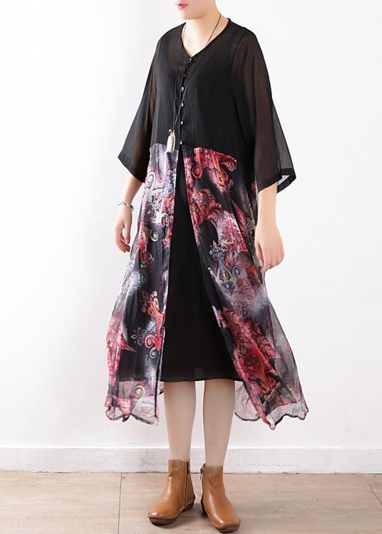 Women black chiffon cardigan For Women 2025 Fabrics patchwork prints Maxi summer Dress