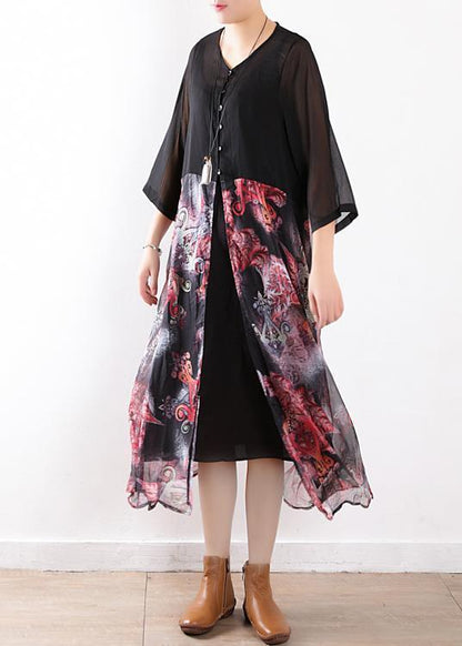 Women black chiffon cardigan For Women 2025 Fabrics patchwork prints Maxi summer Dress