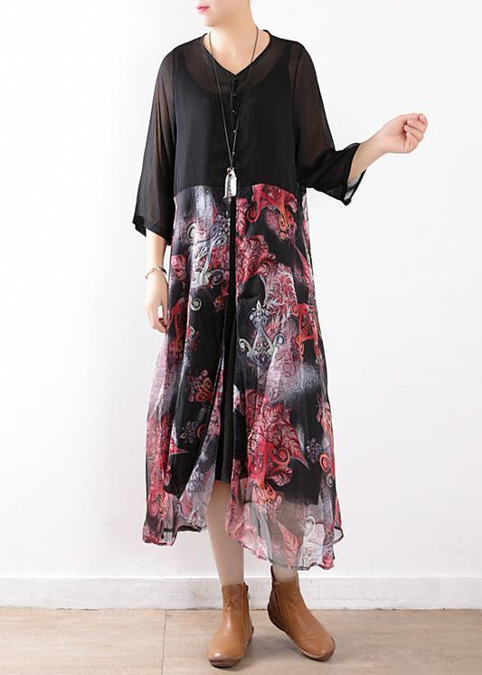 Women black chiffon cardigan For Women 2025 Fabrics patchwork prints Maxi summer Dress