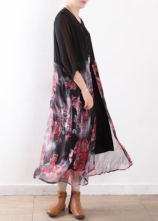 Women black chiffon cardigan For Women 2025 Fabrics patchwork prints Maxi summer Dress