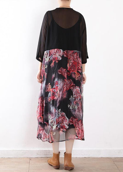 Women black chiffon cardigan For Women 2025 Fabrics patchwork prints Maxi summer Dress