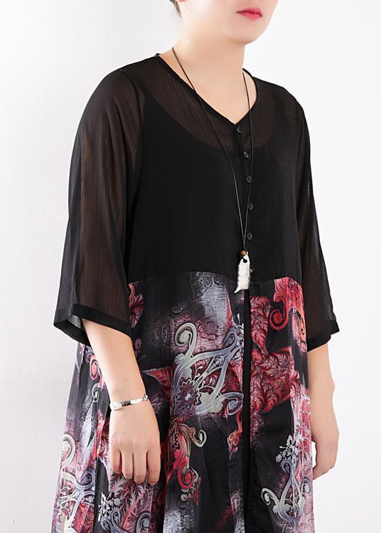 Women black chiffon cardigan For Women 2025 Fabrics patchwork prints Maxi summer Dress