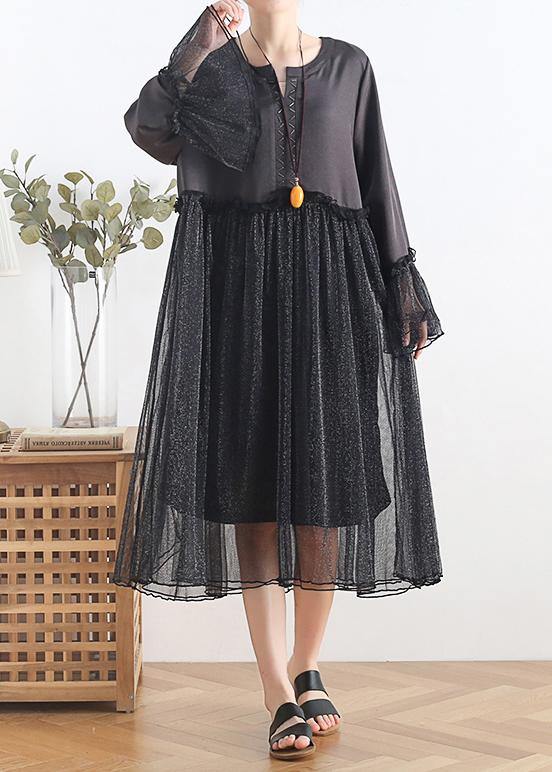 Women black chiffon dress long Boho Outfits o neck Petal Sleeve Summer Dress - SooLinen