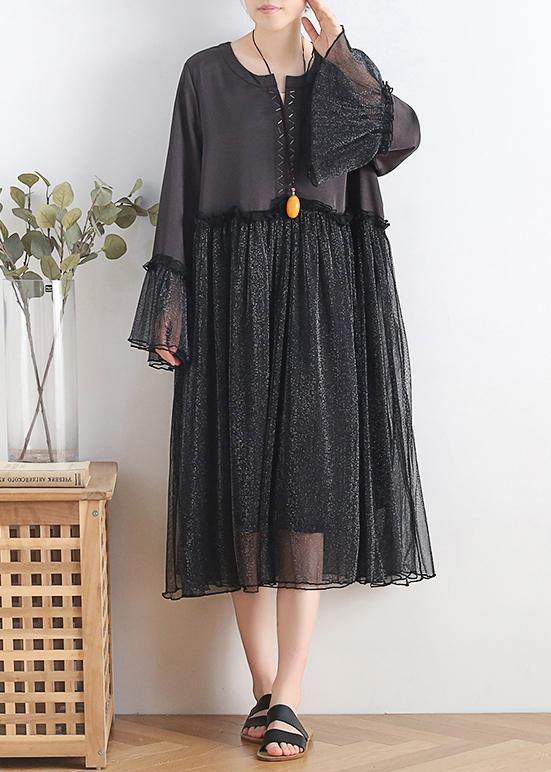 Women black chiffon dress long Boho Outfits o neck Petal Sleeve Summer Dress - SooLinen