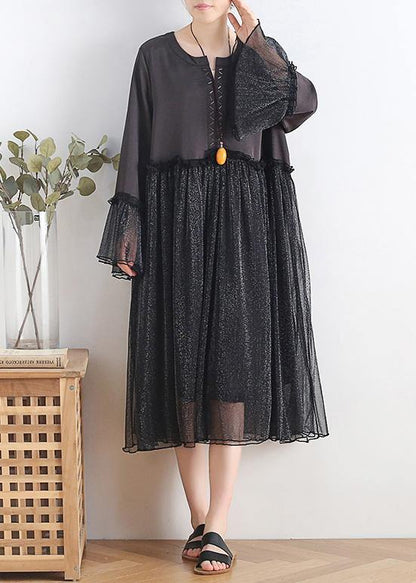 Women black chiffon dress long Boho Outfits o neck Petal Sleeve Summer Dress - SooLinen