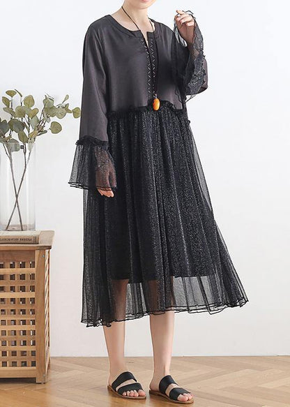 Women black chiffon dress long Boho Outfits o neck Petal Sleeve Summer Dress - SooLinen