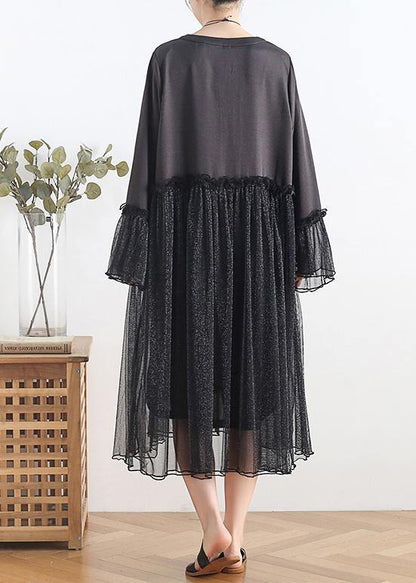 Women black chiffon dress long Boho Outfits o neck Petal Sleeve Summer Dress - SooLinen