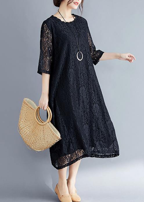 Women black cotton Tunic Mom Photography Half sleeve o neck loose Summer Dresses - SooLinen