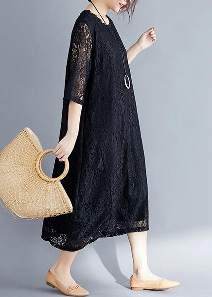 Women black cotton Tunic Mom Photography Half sleeve o neck loose Summer Dresses - SooLinen