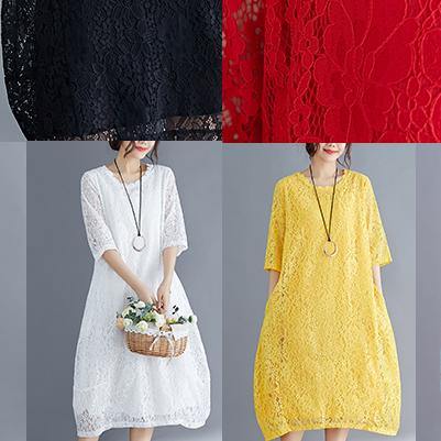 Women black cotton Tunic Mom Photography Half sleeve o neck loose Summer Dresses - SooLinen
