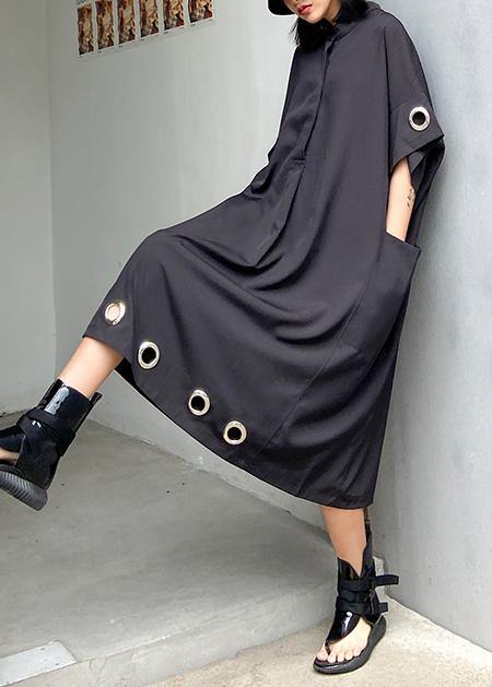 Women black cotton Tunics lapel patchwork Maxi summer Dress - SooLinen