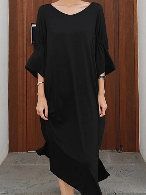 Women black cotton dresses o neck Cinched Kaftan summer Dresses - SooLinen