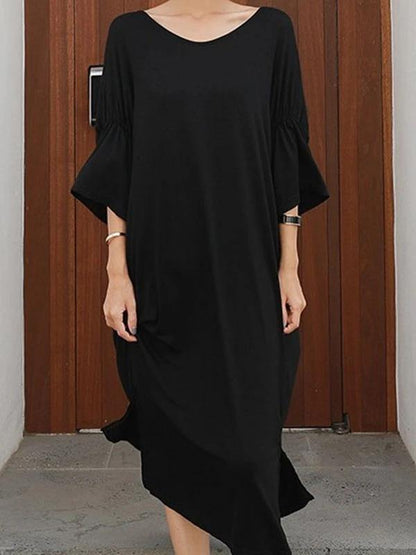 Women black cotton dresses o neck Cinched Kaftan summer Dresses - SooLinen