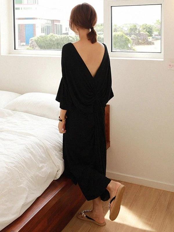 Women black cotton dresses o neck Cinched Kaftan summer Dresses - SooLinen