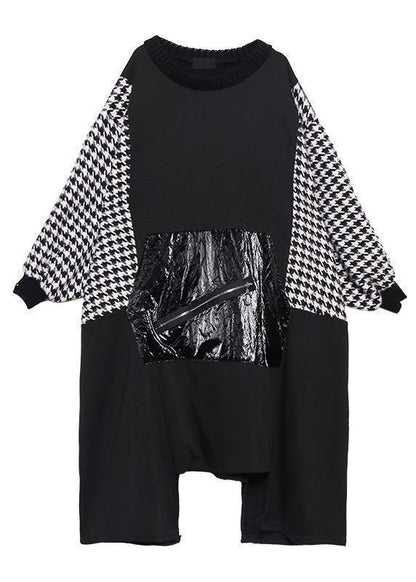Women black cotton tunic dress asymmetric hem A Line patchwork Dresses - SooLinen