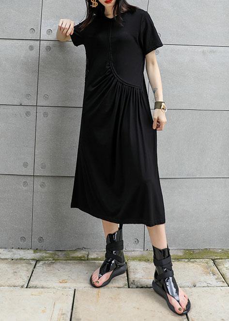 Women black cotton tunic dress hollow out Art summer Dresses - SooLinen