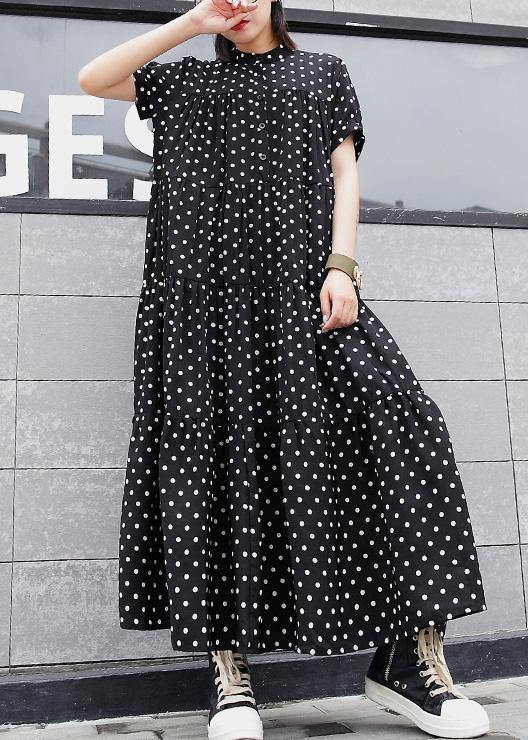 Women black dotted cotton dress stand collar Maxi summer Dress - SooLinen