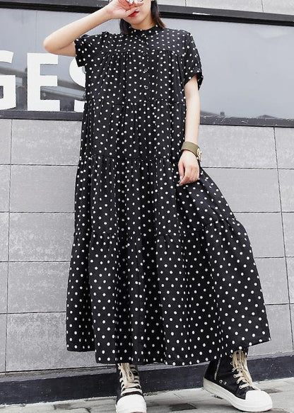 Women black dotted cotton dress stand collar Maxi summer Dress - SooLinen