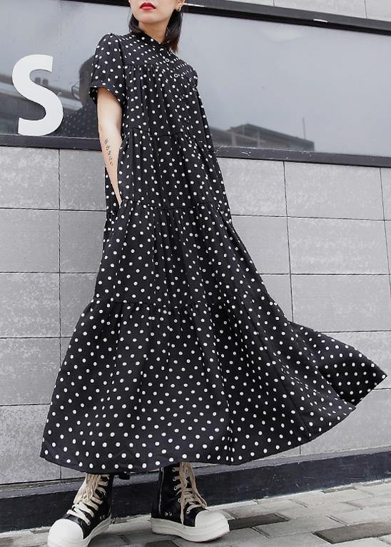 Women black dotted cotton dress stand collar Maxi summer Dress - SooLinen